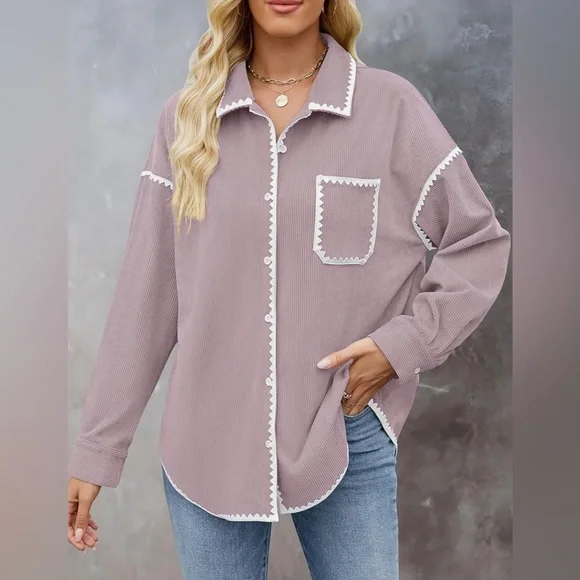 Sold: Womens Corduroy Shacket Jacket w/Buttons Oversized Blouses w/pockets Sz.L - Picture 2 of 9